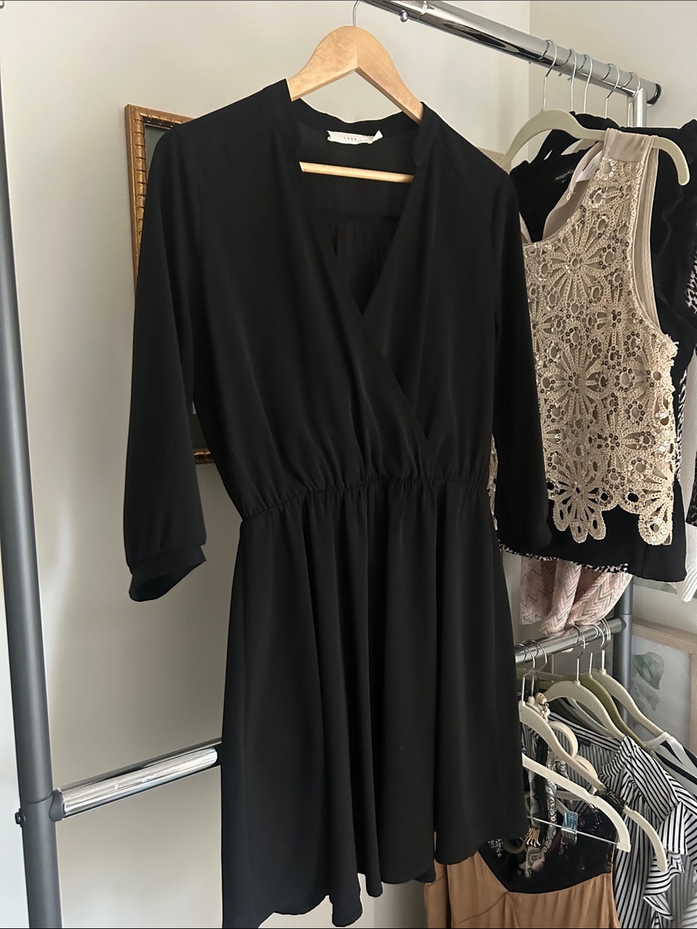 Lush L Black 3/4 sleeve faux Wrap-v neck elastic waist spring Dress